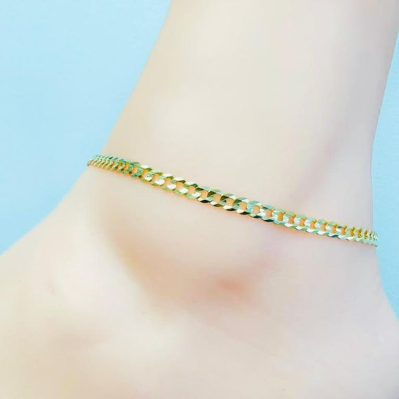 14K Yellow Gold Cuban Link Chain Anklet Bracelet 10" foot Bracelet for Womens - Picture 3 of 10